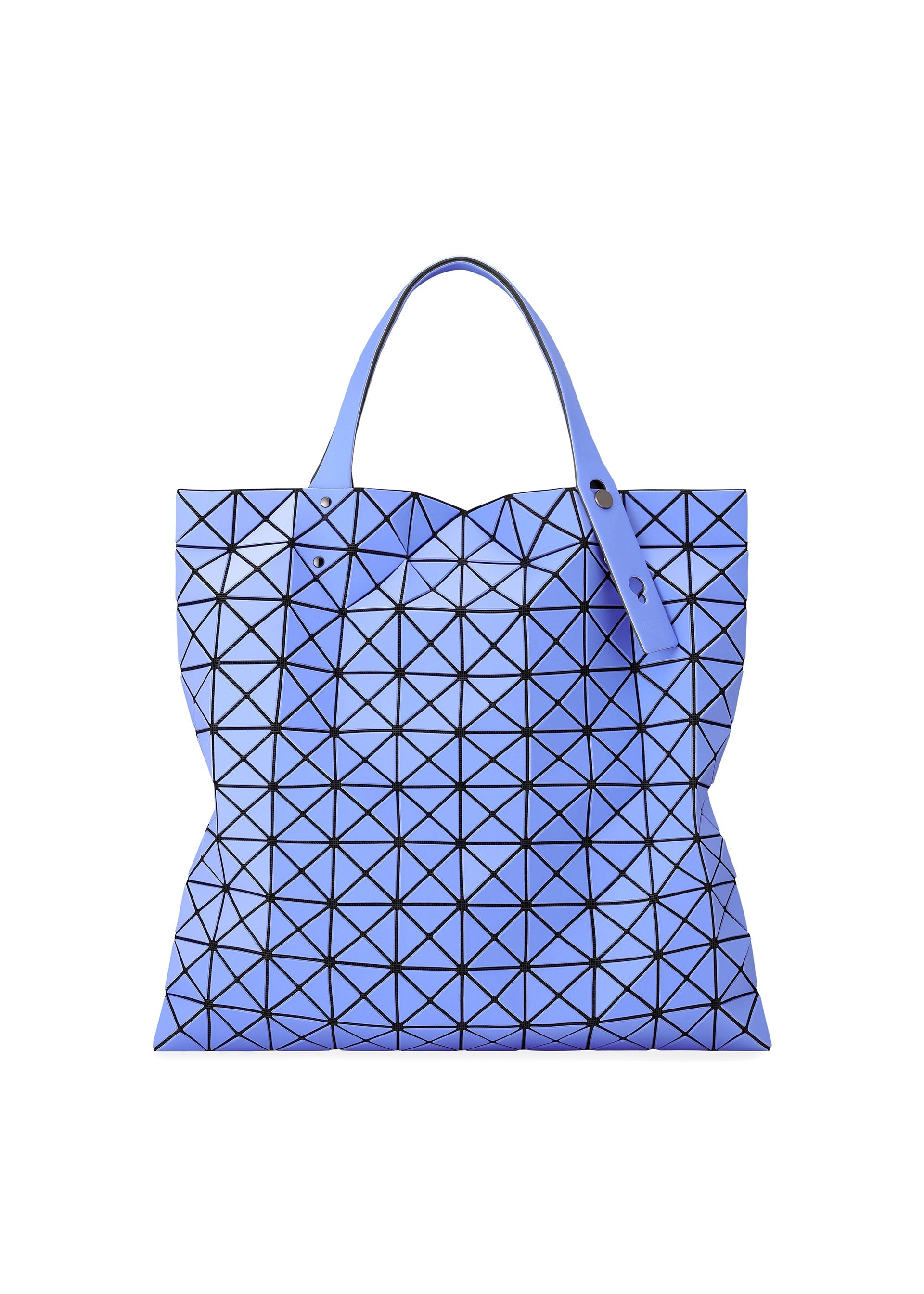 Zoomed view The BAO BAO ISSEY MIYAKE PRISM MATTE-2 tote bag features blue triangular panels with black lines, two handles, a modern flexible design, and ample space for A4-sized documents. - PURPLISH BLUE （no.73）