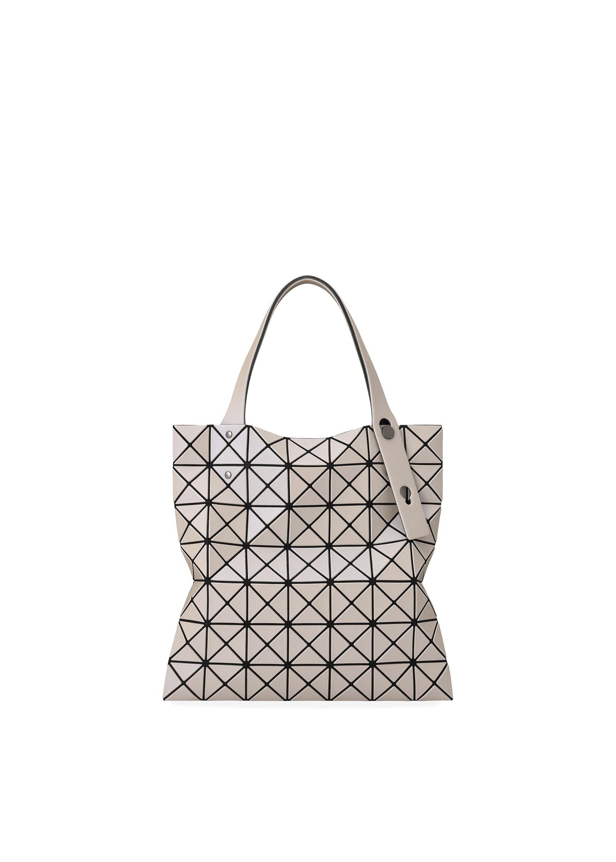 The BAO BAO ISSEY MIYAKE PRISM MATTE-2 is a beige tote bag with a geometric triangular design, black grid lines, two handles, a flexible modern shape, and an interior zip pocket for convenience. view 3 of 8