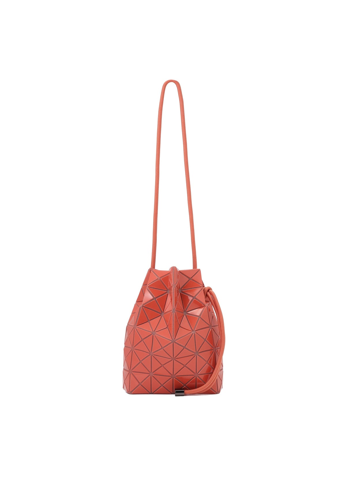 The WRING ONE-TONE by BAO BAO ISSEY MIYAKE is a red crossbody bag with a geometric pattern, long strap, and drawstring closure, shown against a plain white background. view 2 of 9