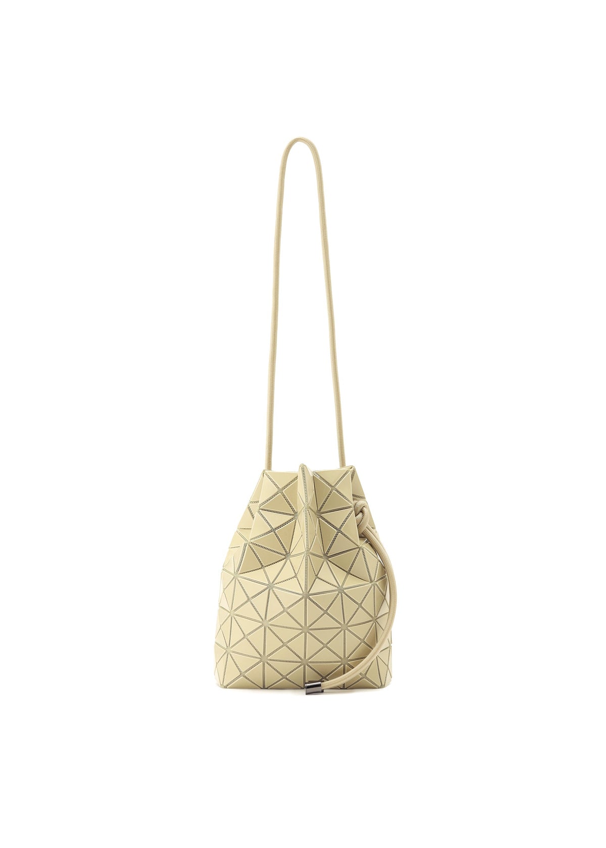 The WRING ONE-TONE by BAO BAO ISSEY MIYAKE is a beige geometric bucket bag with a drawstring closure, long strap, and modern triangular pattern for a chic, minimalist crossbody look. view 3 of 9