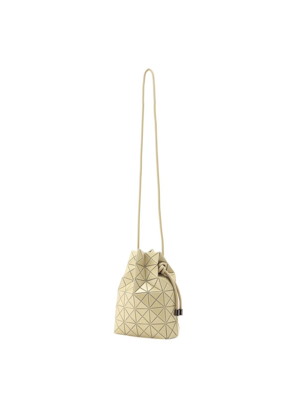 The WRING ONE-TONE by BAO BAO ISSEY MIYAKE is a small beige pouch with a geometric pattern and long thin strap, perfect as a crossbody bag, shown against a plain white background. view 4 of 9