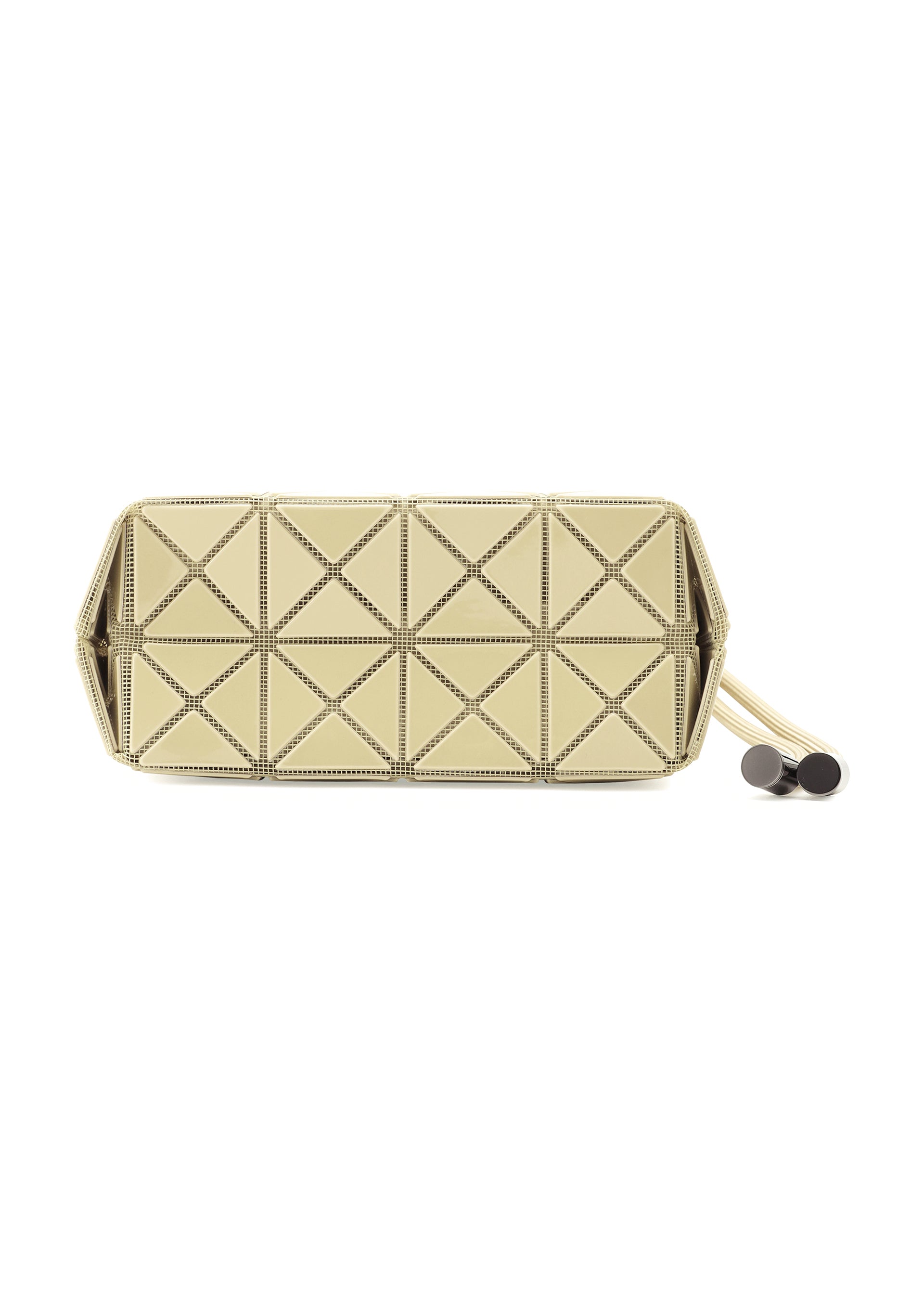Zoomed view The WRING ONE-TONE by BAO BAO ISSEY MIYAKE is a gold rectangular clutch with a pyramid-textured geometric pattern and wrist strap featuring two black circular accents, easily converting from clutch to shoulder bag for versatile styling.