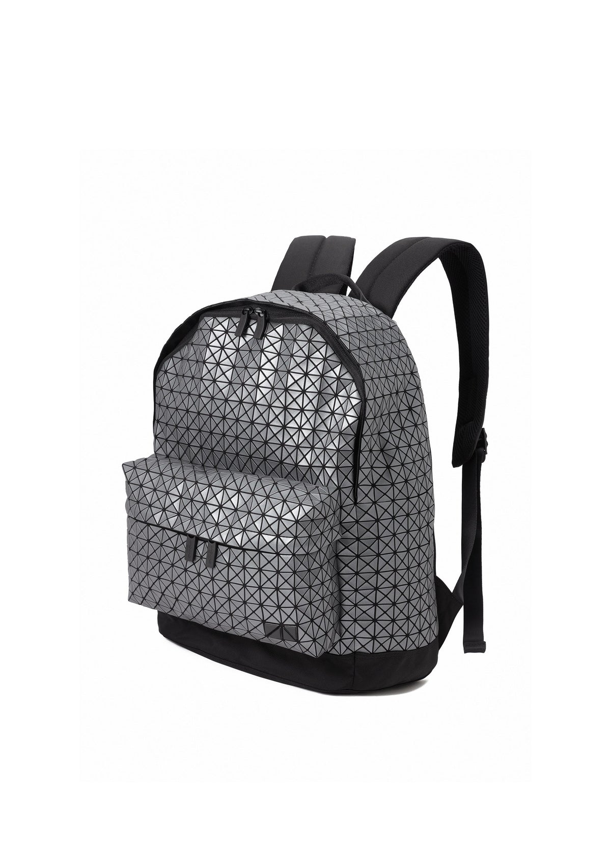The BAO BAO ISSEY MIYAKE DAYPACK REFLECTOR is a grey unisex backpack with a black geometric triangle pattern, front zip pocket, black adjustable straps, and a black base. Shown on a plain white background. view 2 of 7