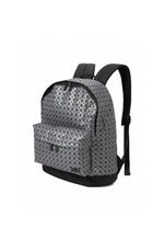 The BAO BAO ISSEY MIYAKE DAYPACK REFLECTOR is a grey unisex backpack with a black geometric triangle pattern, front zip pocket, black adjustable straps, and a black base. Shown on a plain white background.