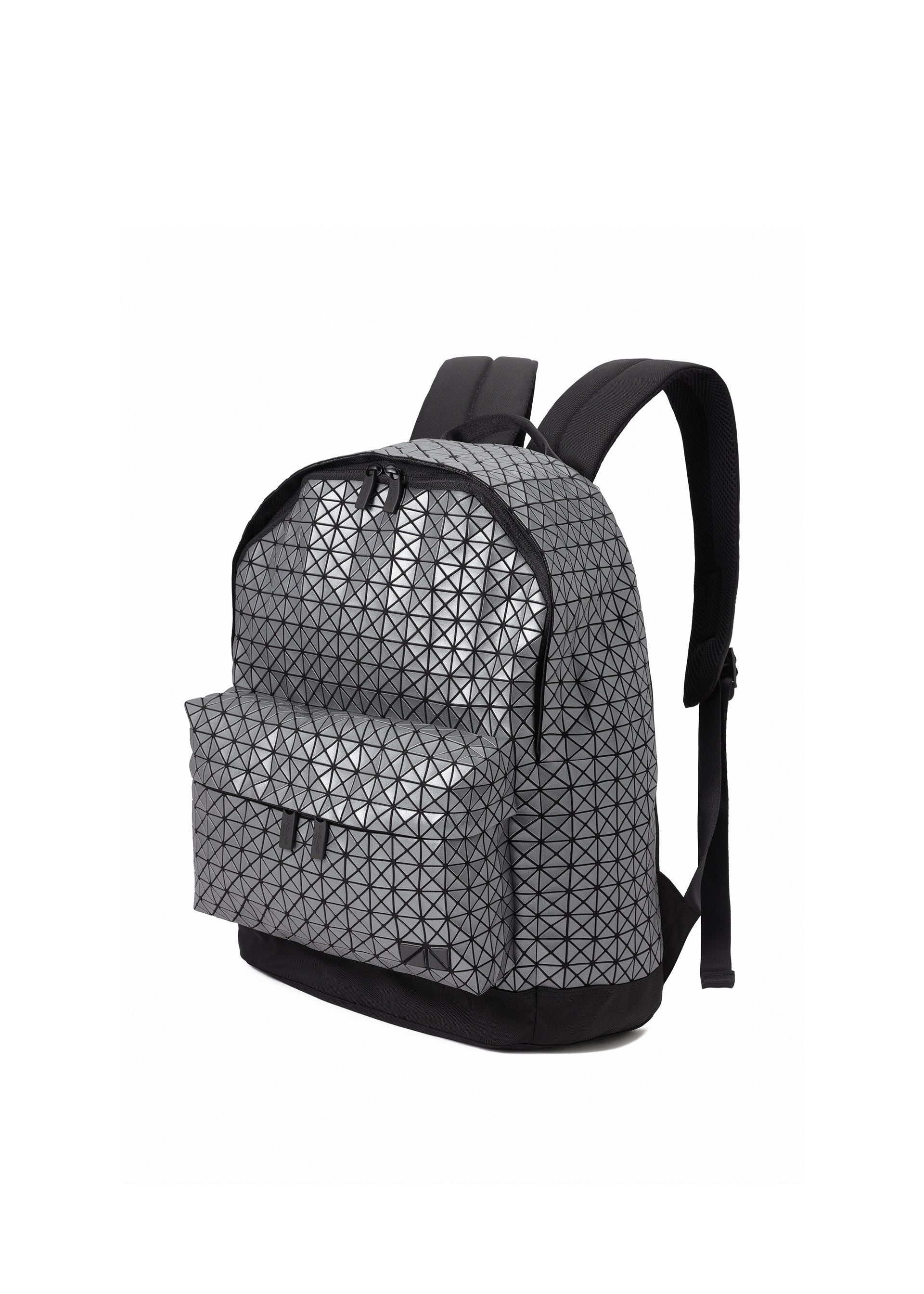 Zoomed view The BAO BAO ISSEY MIYAKE DAYPACK REFLECTOR is a grey unisex backpack with a black geometric triangle pattern, front zip pocket, black adjustable straps, and a black base. Shown on a plain white background.