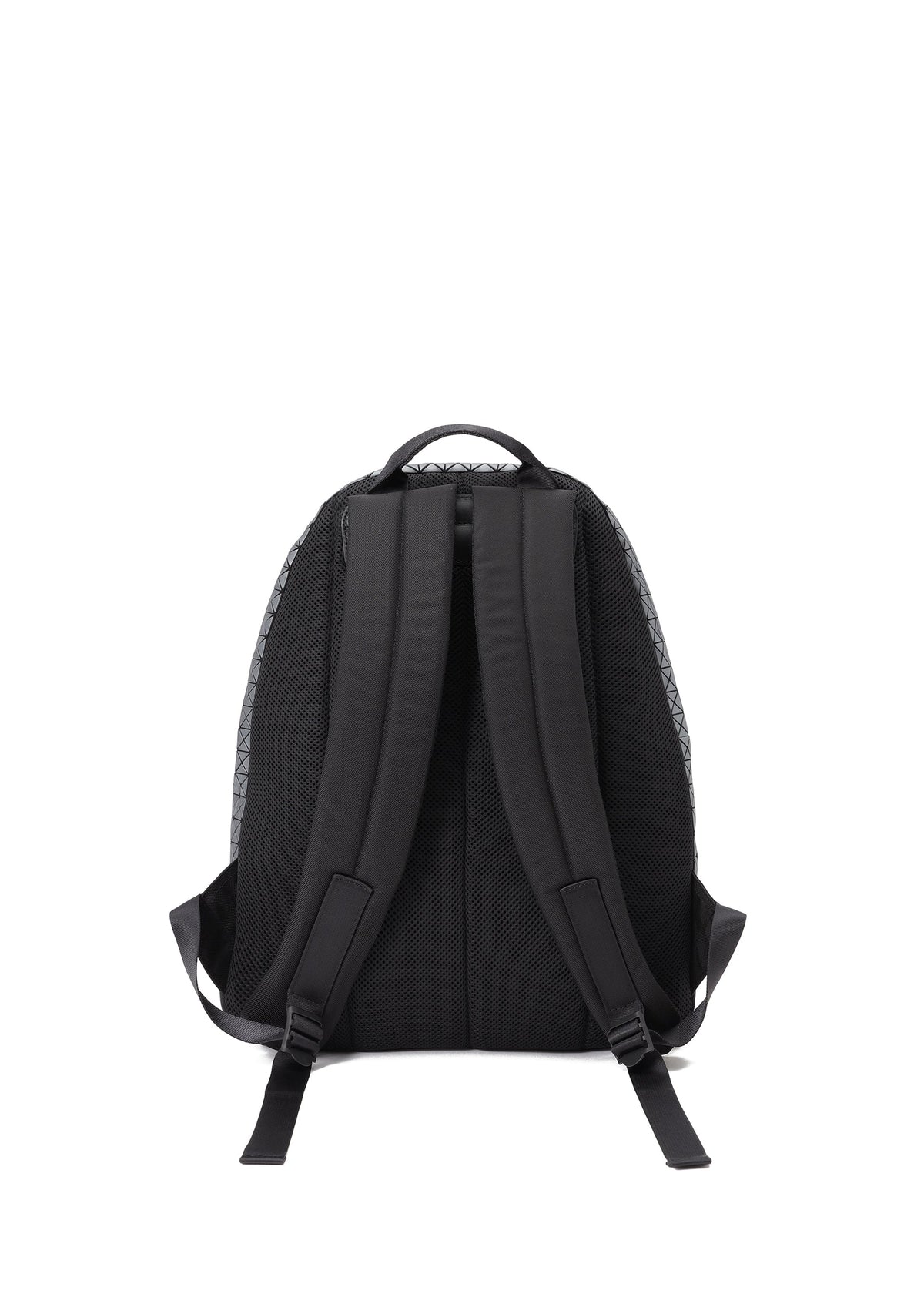 The BAO BAO ISSEY MIYAKE DAYPACK REFLECTOR, a unisex backpack, is shown from the back with padded shoulder straps, a top carry handle, and patterned side trim against a plain white background. view 3 of 7