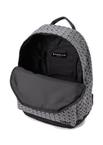 The DAYPACK REFLECTOR by BAO BAO ISSEY MIYAKE is a geometric-patterned gray and black unisex backpack with its main zipper open, showing a spacious interior and iconic branding.