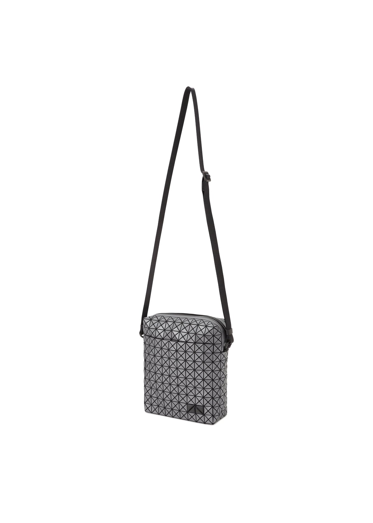 The VOYAGER REFLECTOR by BAO BAO ISSEY MIYAKE is a black crossbody bag with a geometric triangle pattern, an adjustable shoulder strap, and a rectangular flap closure. Shown on a plain white background. view 2 of 7
