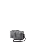 The SADDLE BAG REFLECTOR by BAO BAO ISSEY MIYAKE is a small, rectangular shoulder bag with a black and gray geometric triangle pattern, long black strap, and reflective finish, shown against a white background.