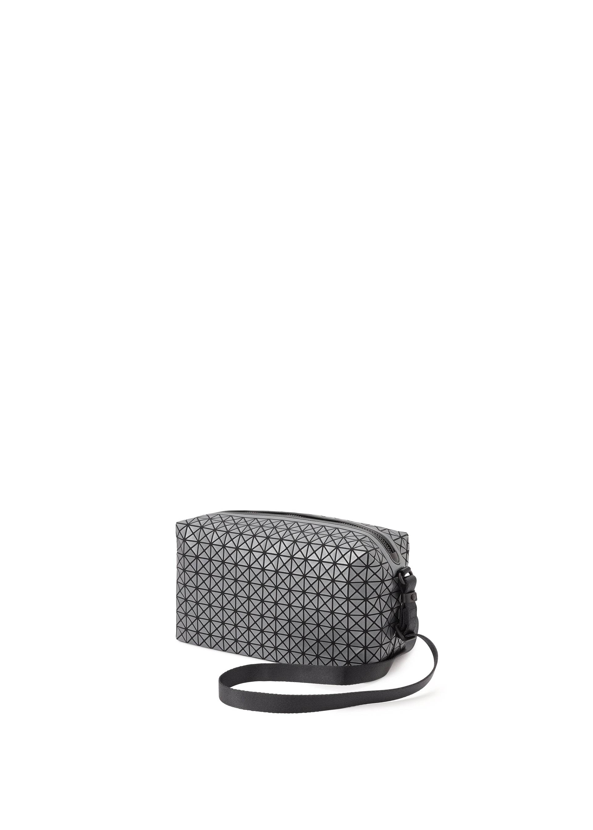 Zoomed view The SADDLE BAG REFLECTOR by BAO BAO ISSEY MIYAKE is a small, rectangular shoulder bag with a black and gray geometric triangle pattern, long black strap, and reflective finish, shown against a white background.