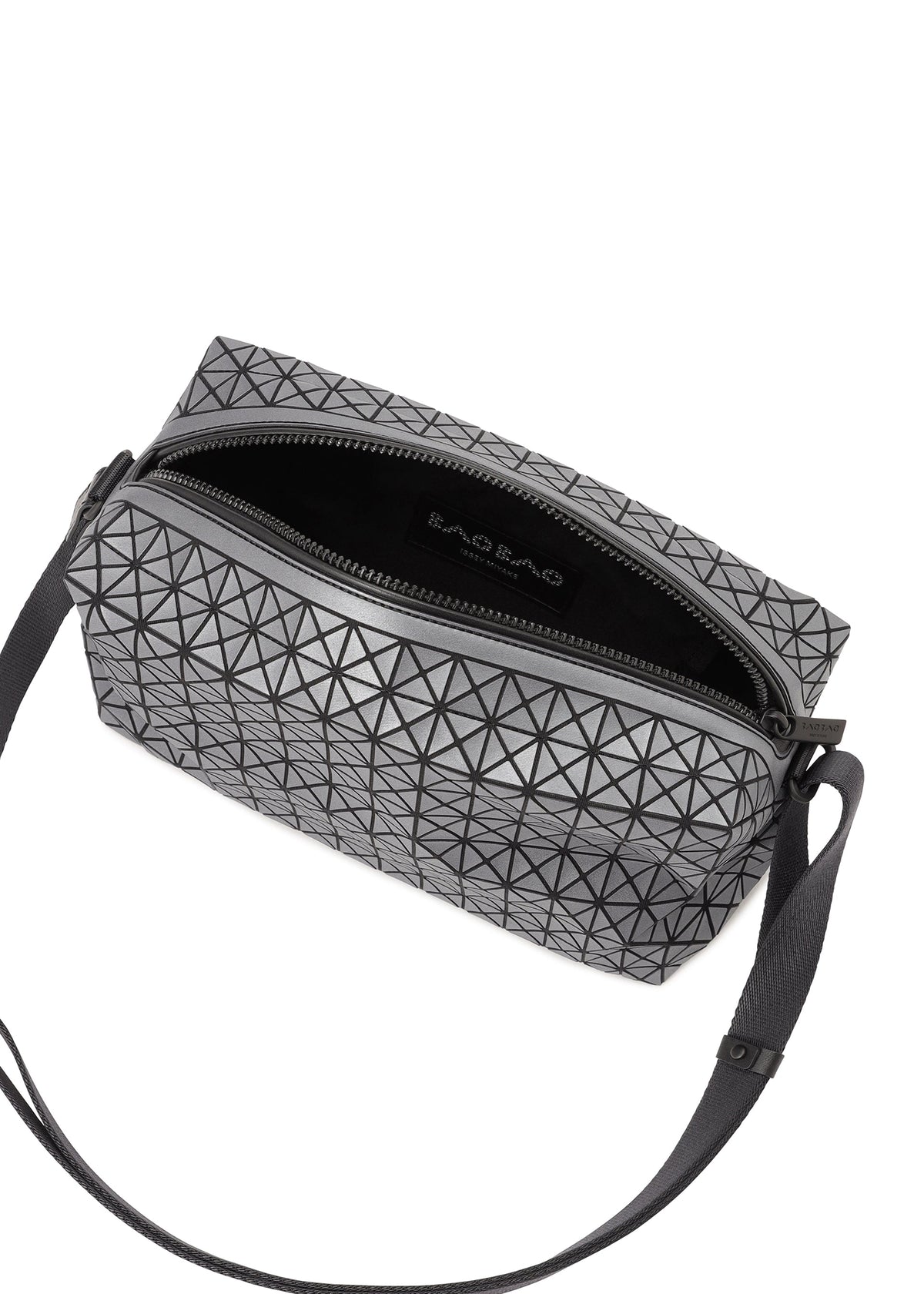 The SADDLE BAG REFLECTOR by BAO BAO ISSEY MIYAKE features a silver and black triangular grid design, a geometric-patterned black strap and zipper, a spacious interior, and an inner zip pocket for modern style and function. view 5 of 8