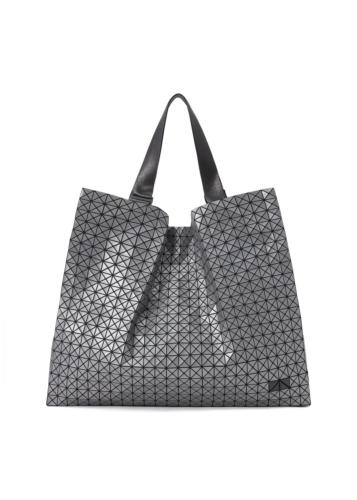 The CART REFLECTOR tote by BAO BAO ISSEY MIYAKE features a metallic geometric design with black handles and a triangular grid, offering a reflective finish that brings a modern edge to any outfit. view 1 of 6
