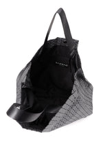 The CART REFLECTOR tote by BAO BAO ISSEY MIYAKE features a geometric gray metallic design, black adjustable handles, and an open view highlighting its spacious black interior with a visible label inside.