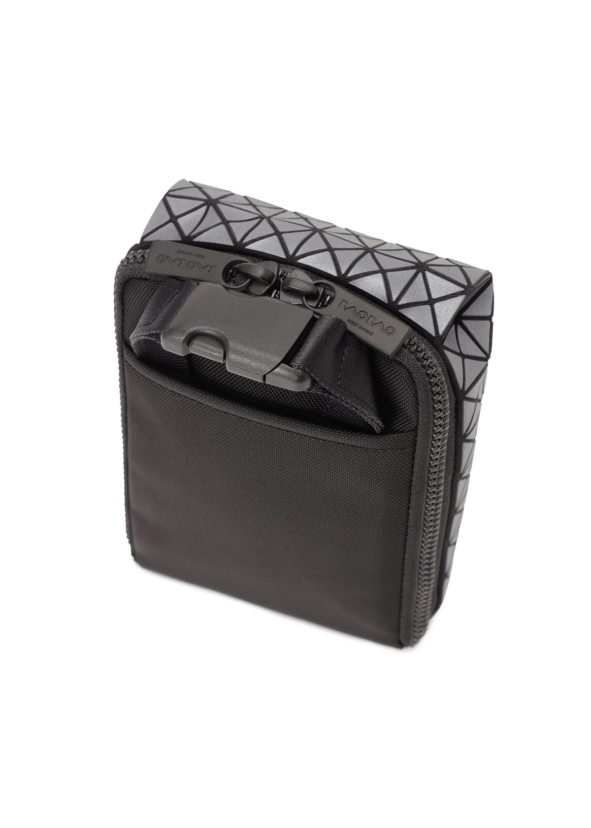 The BEETLE REFLECTOR by BAO BAO ISSEY MIYAKE is a small black pouch with geometric patterns, an exterior pocket, a front plastic clip, and reflective material for visibility. view 3 of 8