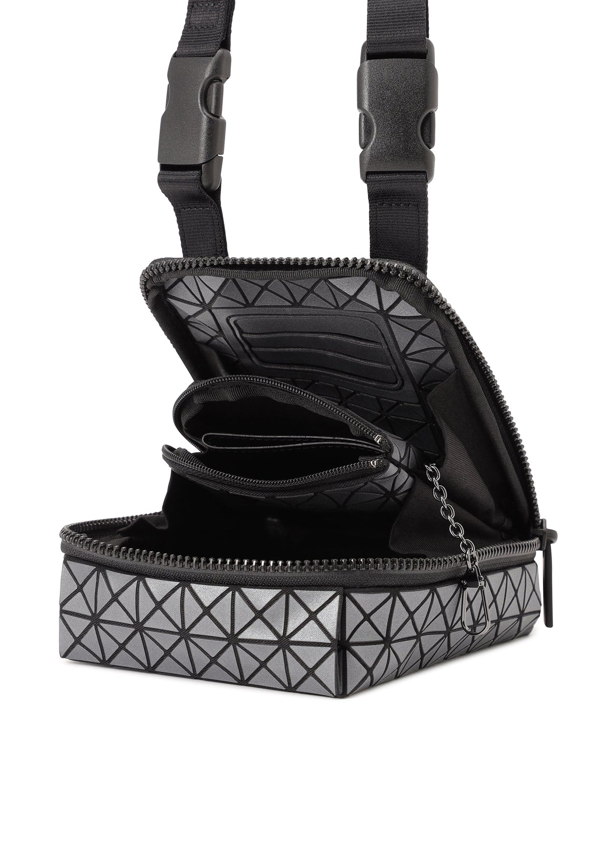 The BEETLE REFLECTOR by BAO BAO ISSEY MIYAKE is a black and gray square crossbody bag featuring a geometric pattern, reflective material, an attached coin pouch inside, and adjustable buckle strap closures. view 5 of 8