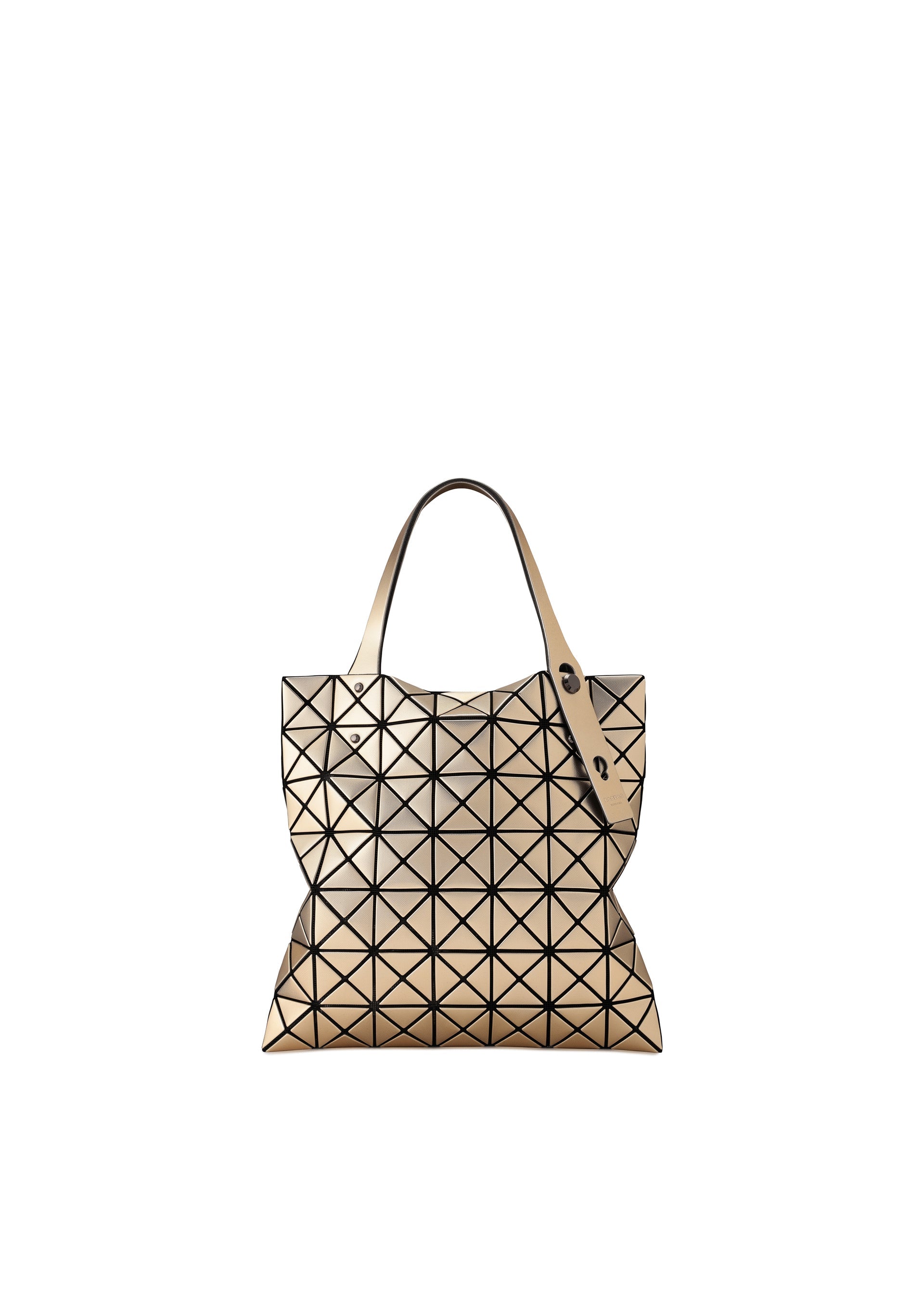 Zoomed view The PLATINUM tote bag by BAO BAO ISSEY MIYAKE features a geometric beige design with black triangle patterns, two handles, and a fabric grain texture, shown on a white background. - LIGHT BRONZE （no.90）