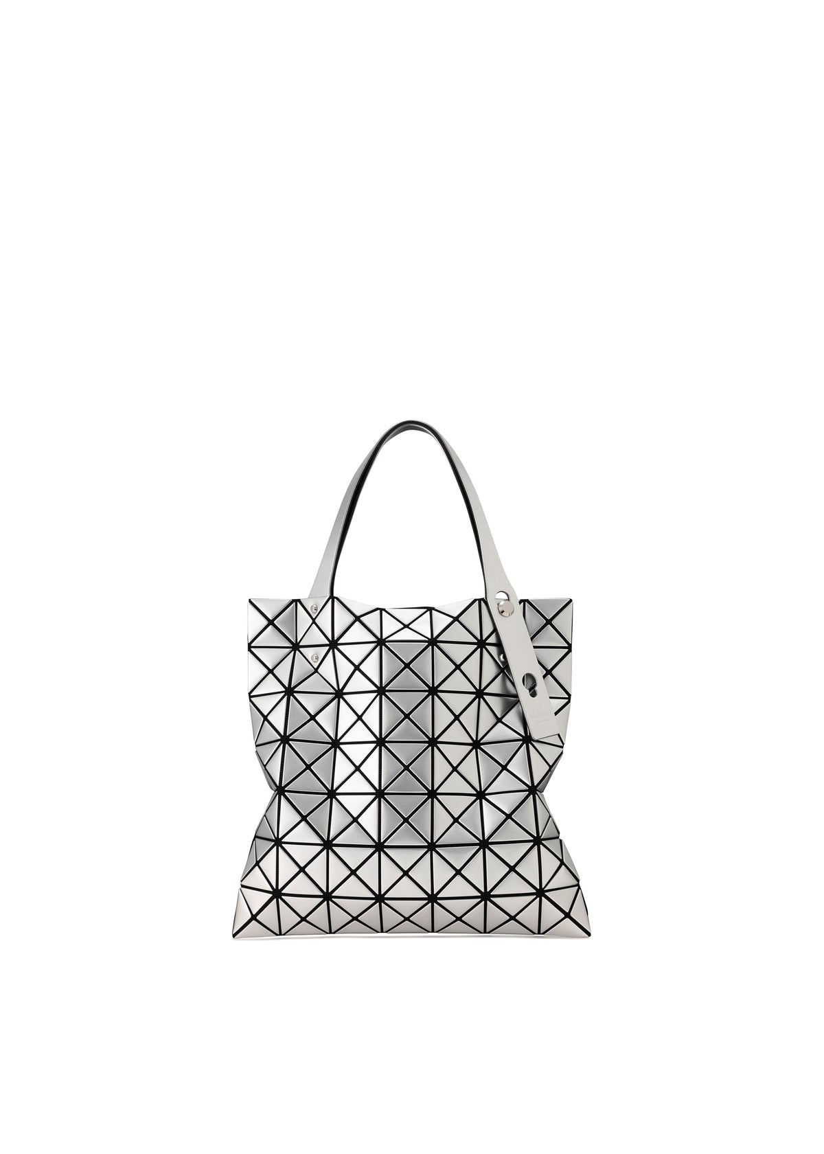 The BAO BAO ISSEY MIYAKE PLATINUM shoulder bag, with metallic geometric triangles, black outlines, two handles, and a glossy futuristic finish, is shown against a plain white background. view 3 of 6