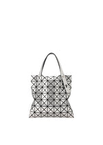 The BAO BAO ISSEY MIYAKE PLATINUM shoulder bag, with metallic geometric triangles, black outlines, two handles, and a glossy futuristic finish, is shown against a plain white background. - SILVER （no.91）
