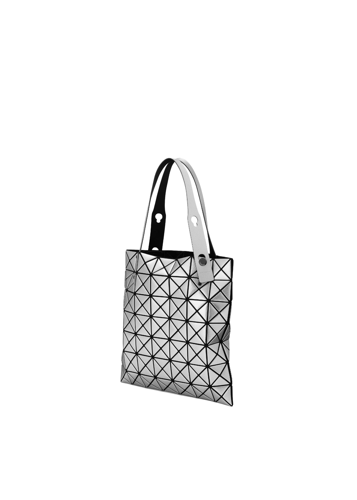 A BAO BAO ISSEY MIYAKE PLATINUM shoulder bag with geometric black triangles on white, a fabric grain texture, and dual handles—one black, one white—displayed against a plain white background. view 4 of 6