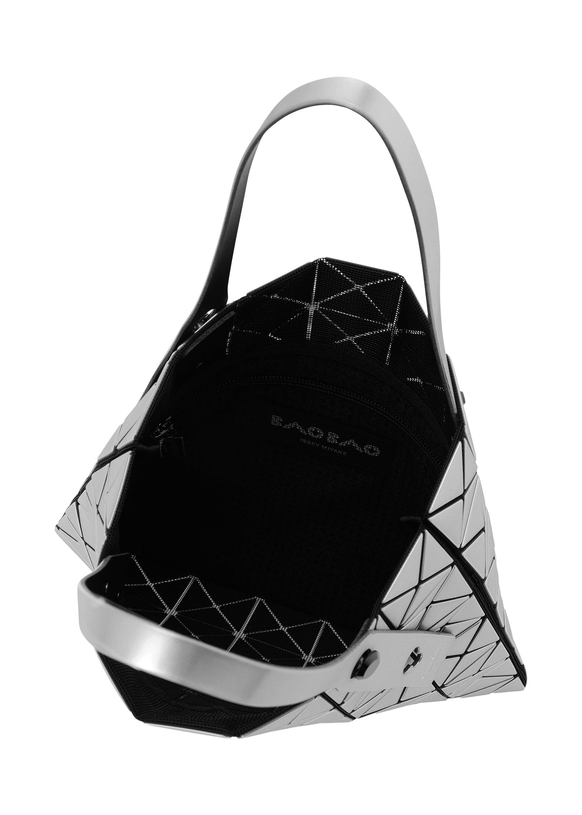 The PLATINUM shoulder bag by BAO BAO ISSEY MIYAKE showcases metallic triangles, a zippered inner pocket, spacious black interior, two sturdy handles, and sleek black patterns on its silver geometric design. view 5 of 6