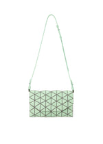 The TONNEAU MATTE by BAO BAO ISSEY MIYAKE is a mint green shoulder bag featuring a leather-like finish, geometric triangular grid pattern, and adjustable strap, shown against a white background. - MOSS GREEN （no.66）