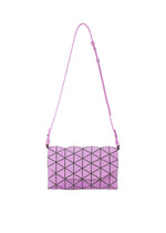 The TONNEAU MATTE by BAO BAO ISSEY MIYAKE is a rectangular shoulder bag in pink with a geometric pattern, matte leather-like finish, and adjustable strap, shown against a white background. - PINK PURPLE （no.86）