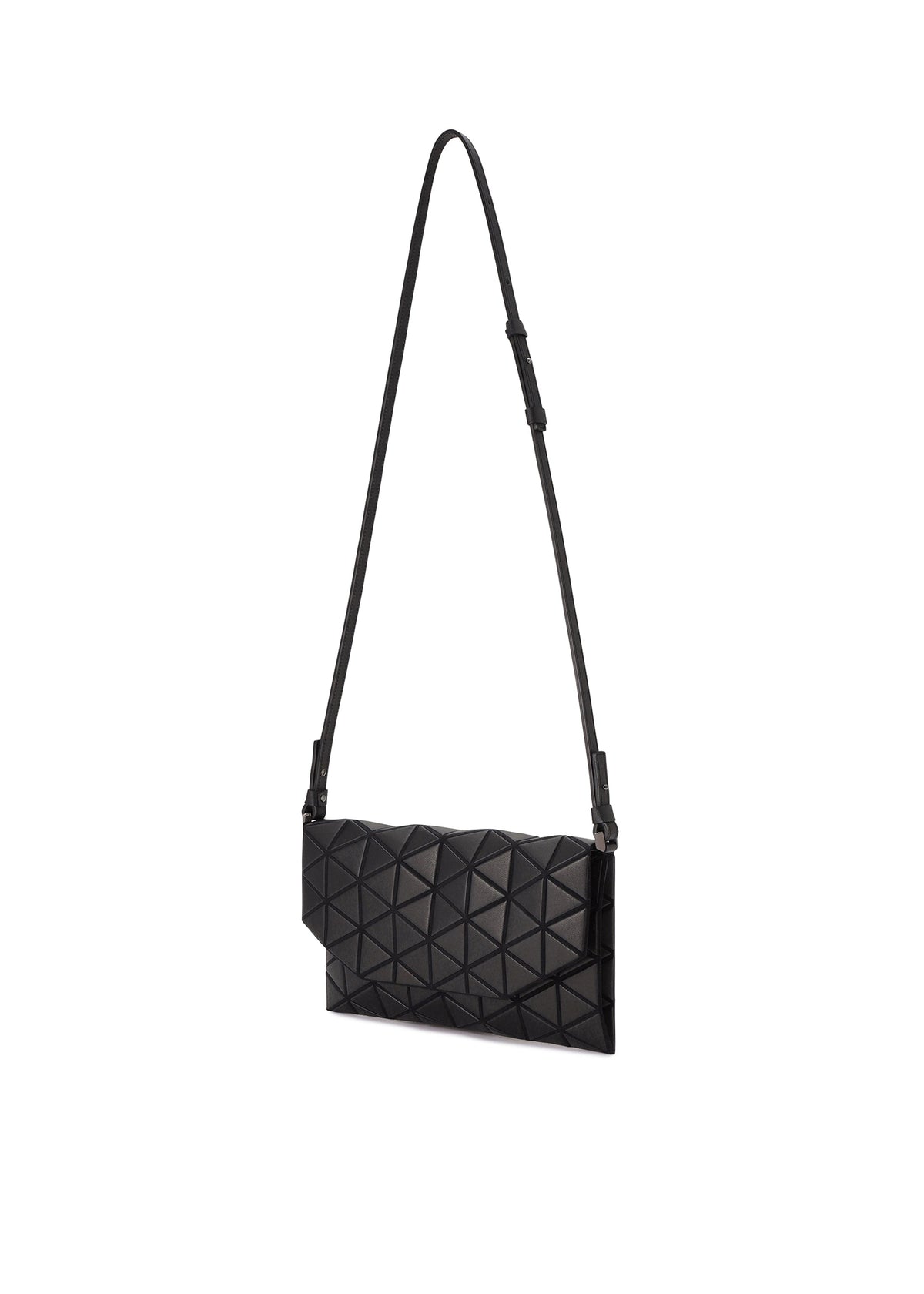 The TONNEAU MATTE by BAO BAO ISSEY MIYAKE is a black shoulder bag with a geometric pattern, leather-like finish, sleek modern design, and a long adjustable strap, displayed on a plain white background. view 5 of 8