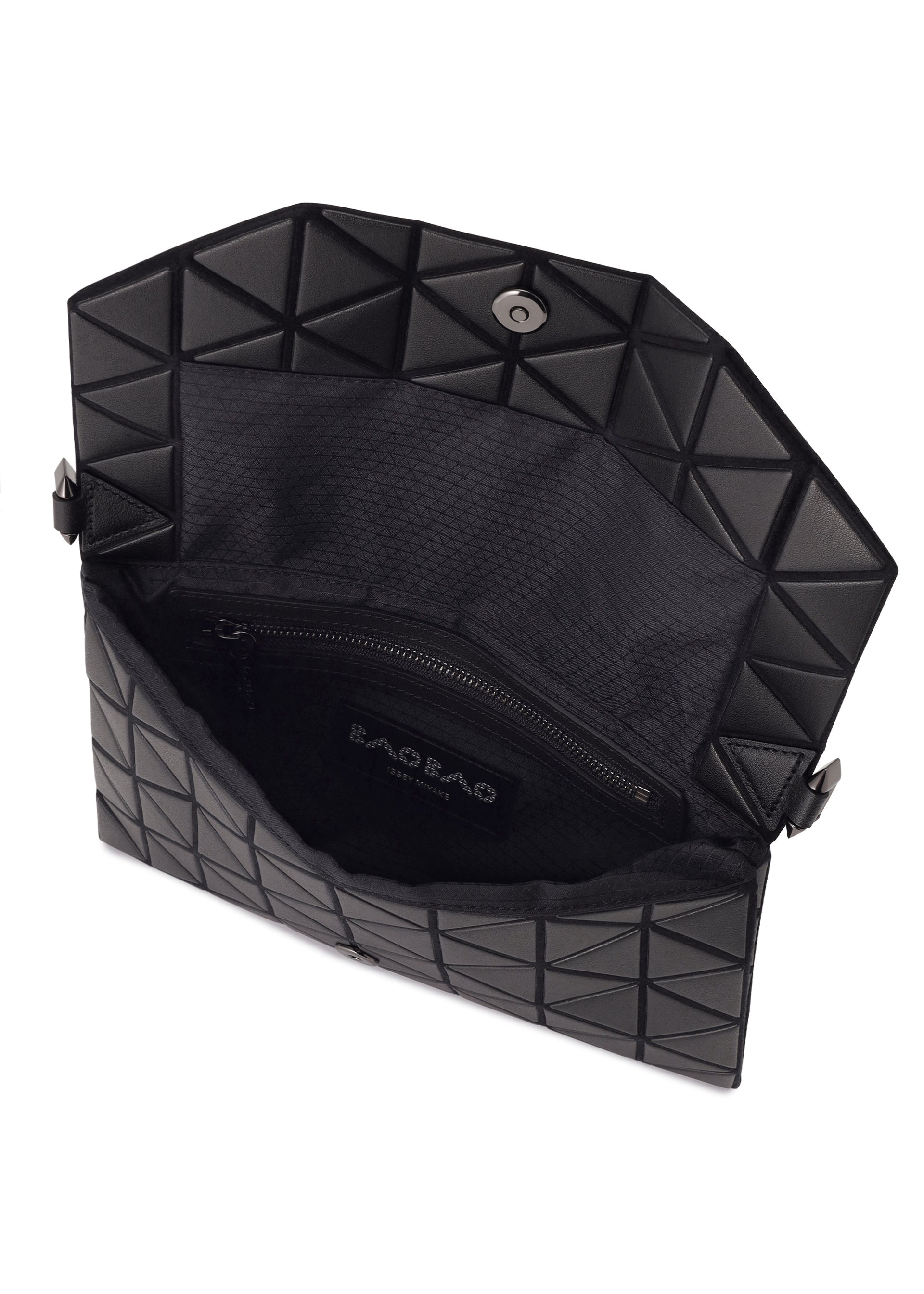 Zoomed view Open black TONNEAU MATTE clutch with a geometric pattern by BAO BAO ISSEY MIYAKE, featuring a magnetic snap closure, spacious interior, inner zippered pocket, and leather-like lining. Brand name visible inside.