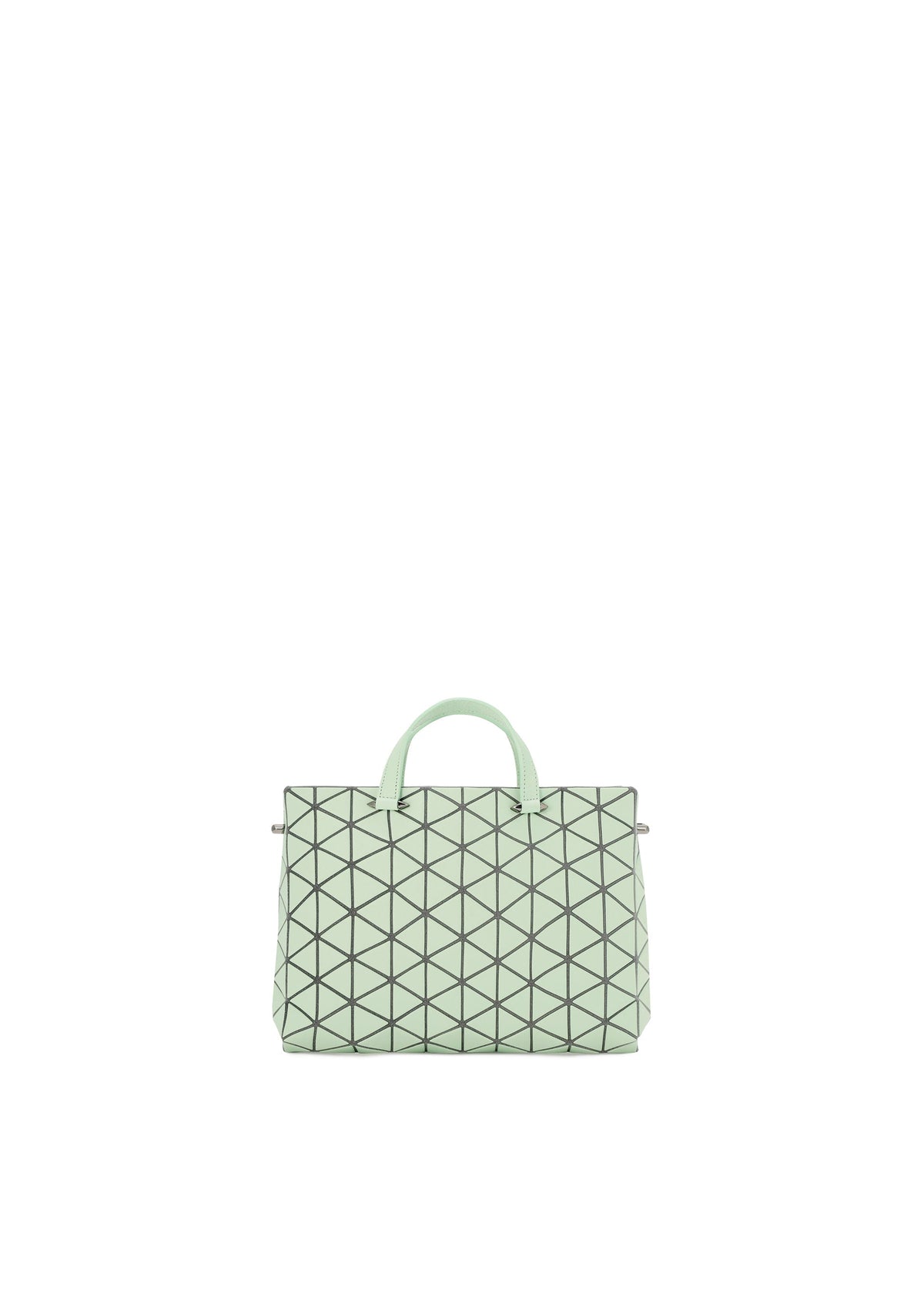 The TONNEAU MATTE by BAO BAO ISSEY MIYAKE is a mint green, leather-like mini handbag featuring a geometric black triangle pattern, two handles, and a structured rectangular shape, shown on a plain white background. view 2 of 8
