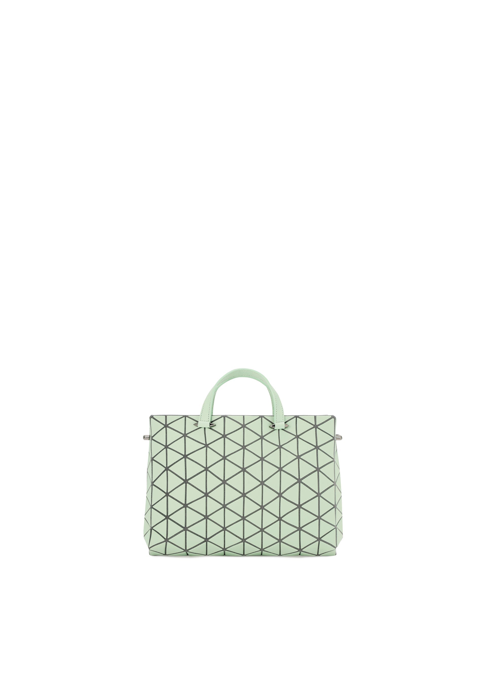 Zoomed view The TONNEAU MATTE by BAO BAO ISSEY MIYAKE is a mint green, leather-like mini handbag featuring a geometric black triangle pattern, two handles, and a structured rectangular shape, shown on a plain white background. - MOSS GREEN （no.66）