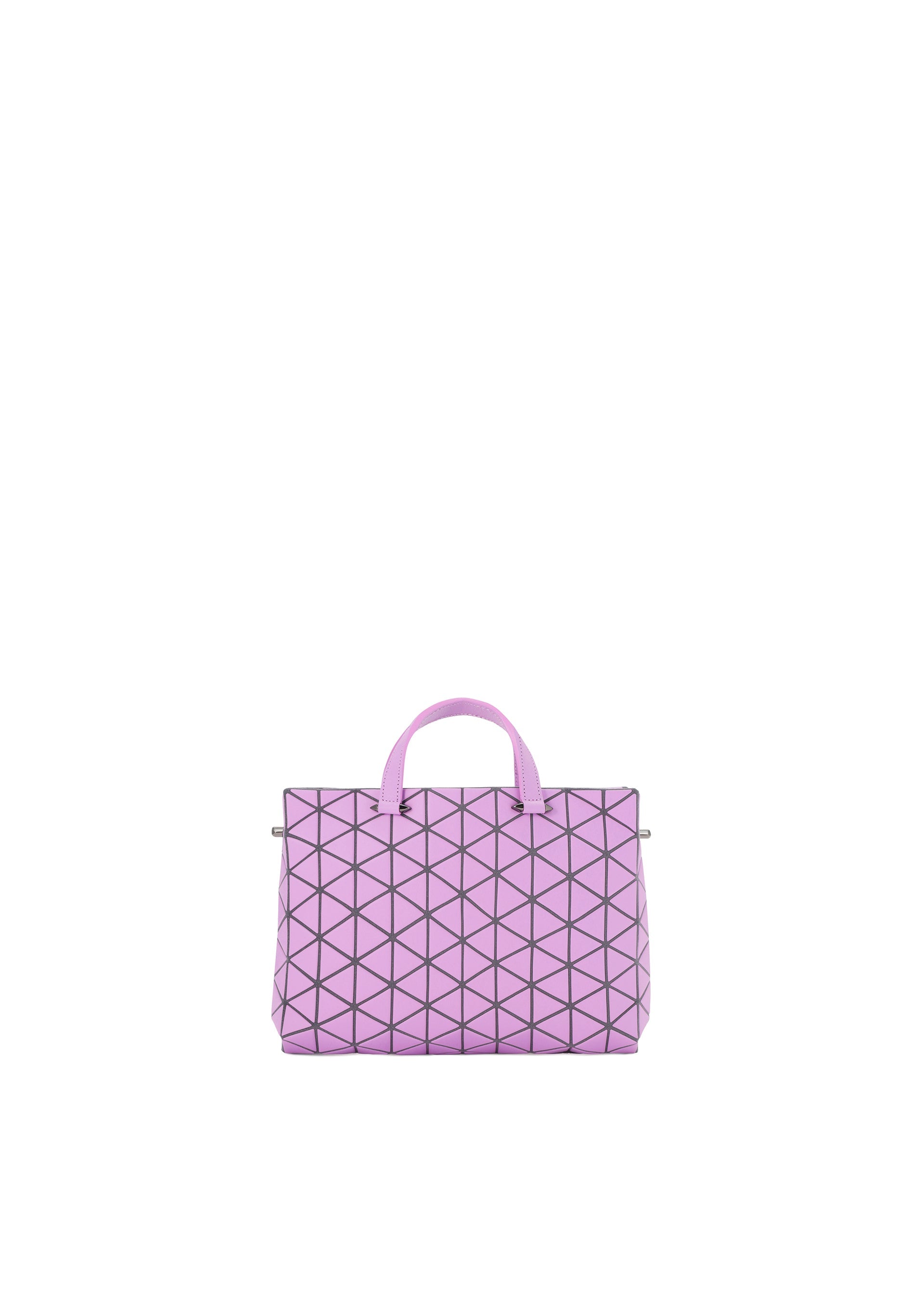 Zoomed view The TONNEAU MATTE by BAO BAO ISSEY MIYAKE is a purple mini handbag with a leather-like finish, geometric triangular pattern, two handles, and a subtle barrel shape, shown against a plain white background. - PINK PURPLE （no.86）
