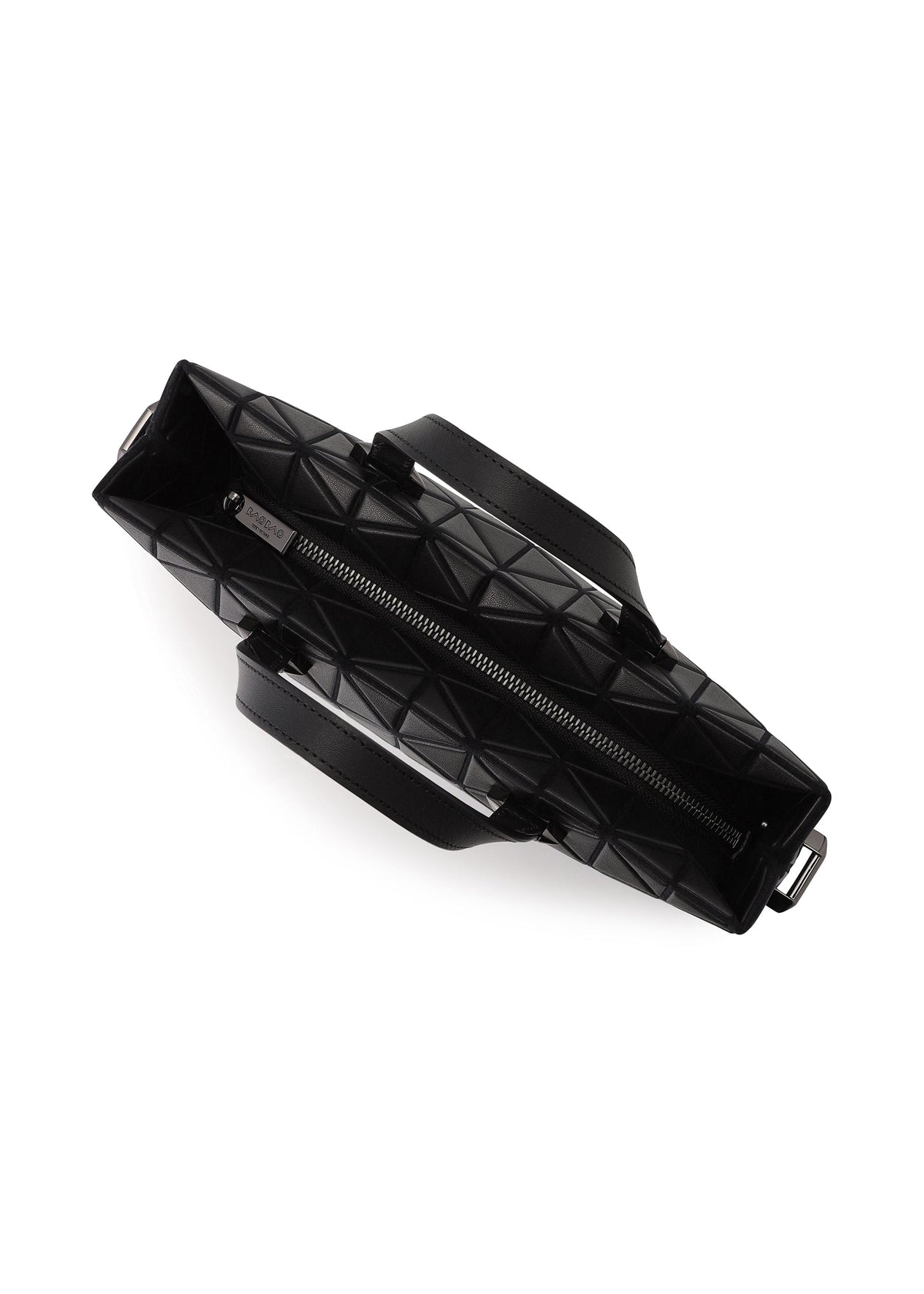 Top view of the TONNEAU MATTE by BAO BAO ISSEY MIYAKE, a black, barrel-shaped mini handbag with a geometric pattern, matte finish, silver zipper partially open, two black handles, and a sleek modern design on white background. view 6 of 8