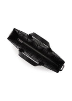 Top view of the TONNEAU MATTE by BAO BAO ISSEY MIYAKE, a black, barrel-shaped mini handbag with a geometric pattern, matte finish, silver zipper partially open, two black handles, and a sleek modern design on white background.