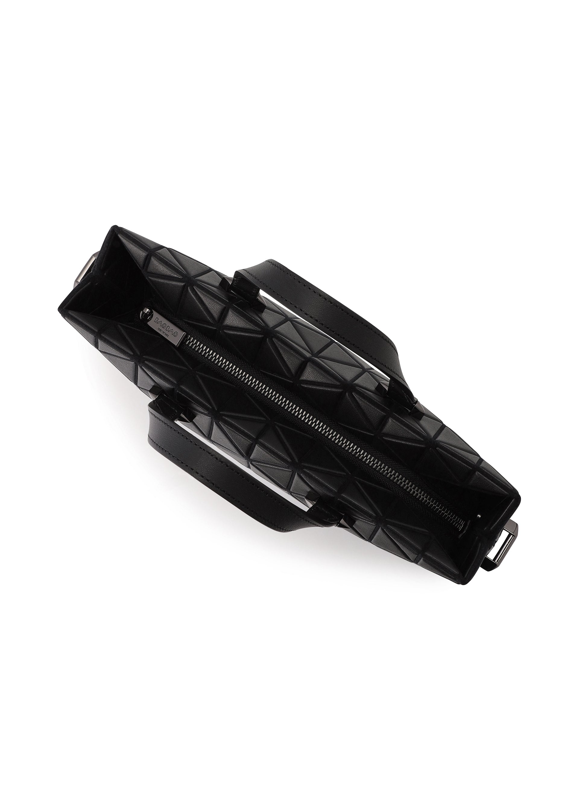 Zoomed view Top view of the TONNEAU MATTE by BAO BAO ISSEY MIYAKE, a black, barrel-shaped mini handbag with a geometric pattern, matte finish, silver zipper partially open, two black handles, and a sleek modern design on white background.