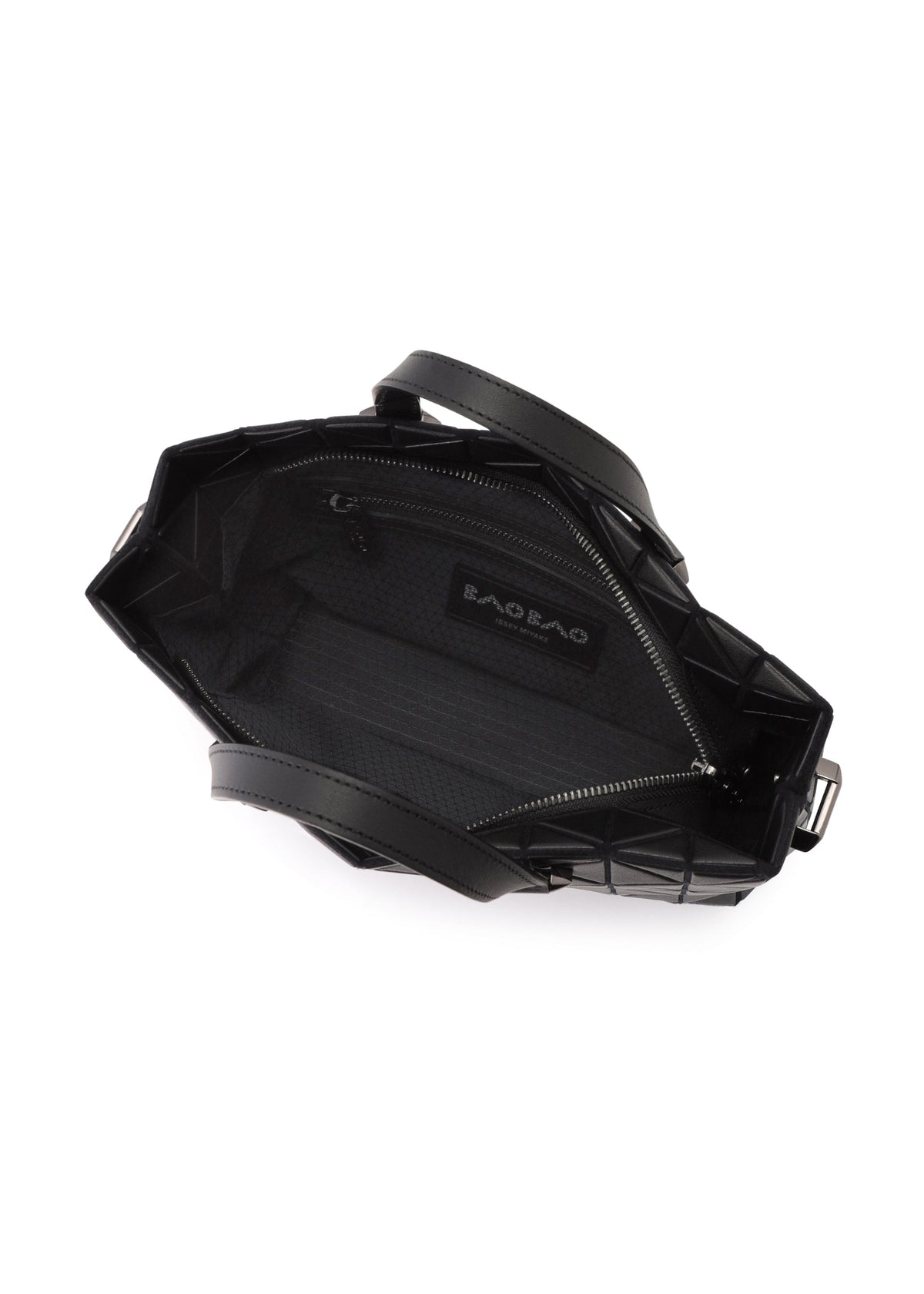 The TONNEAU MATTE by BAO BAO ISSEY MIYAKE is a black geometric mini handbag seen from above, featuring two handles, a zippered inner pocket, a visible BAO BAO label, and a spacious, textured, leather-like lined interior. view 7 of 8