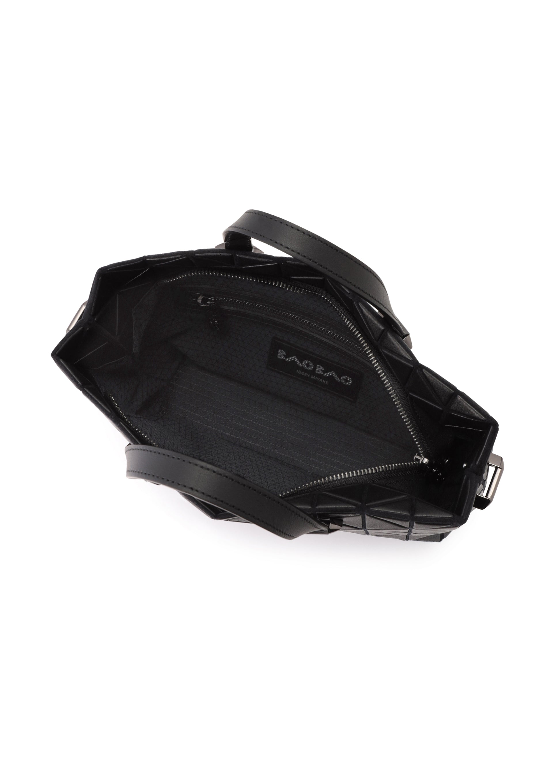 Zoomed view The TONNEAU MATTE by BAO BAO ISSEY MIYAKE is a black geometric mini handbag seen from above, featuring two handles, a zippered inner pocket, a visible BAO BAO label, and a spacious, textured, leather-like lined interior.