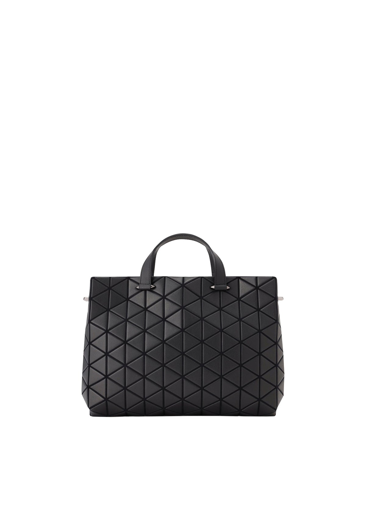 The TONNEAU MATTE by BAO BAO ISSEY MIYAKE is a black, A4-sized handbag with two handles and a geometric triangular pattern, displayed against a plain white background. view 1 of 6