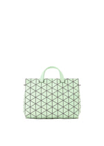 The TONNEAU MATTE by BAO BAO ISSEY MIYAKE is a mint green, A4-sized handbag with a leather-like finish, geometric black grid pattern, and two short handles, shown on a plain white background. - MOSS GREEN （no.66）