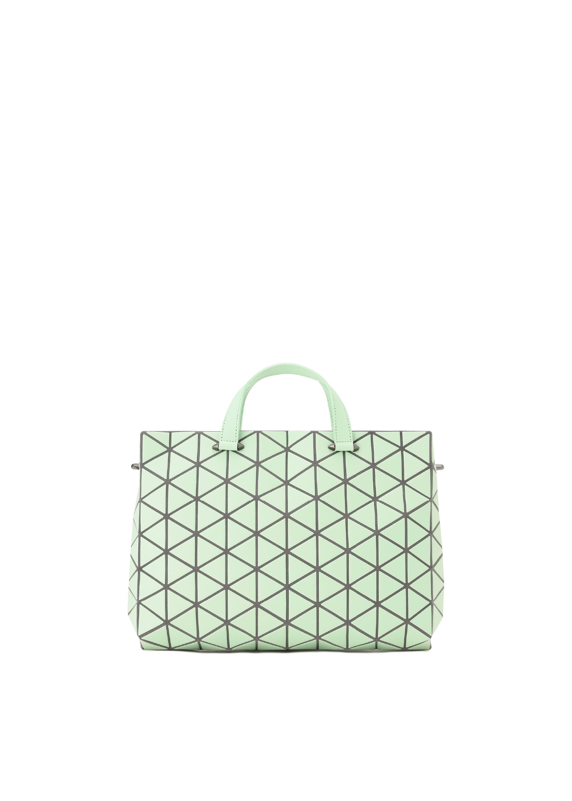 Zoomed view The TONNEAU MATTE by BAO BAO ISSEY MIYAKE is a mint green, A4-sized handbag with a leather-like finish, geometric black grid pattern, and two short handles, shown on a plain white background. - MOSS GREEN （no.66）