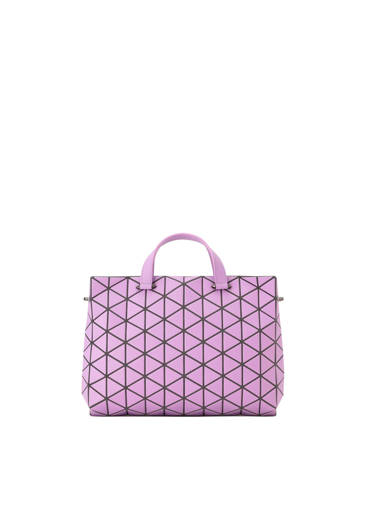 The TONNEAU MATTE handbag by BAO BAO ISSEY MIYAKE is a purple, A4-sized geometric bag with black triangular grid lines, two short handles, and a boxy shape, shown against a white background. view 3 of 8