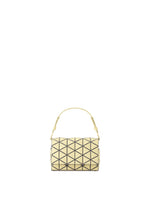 The BAO BAO ISSEY MIYAKE FOSSETTE is a small yellow handbag with a geometric triangular pattern, single strap, and versatile two-way design, shown centered on a white background. - MOON YELLOW （no.54）