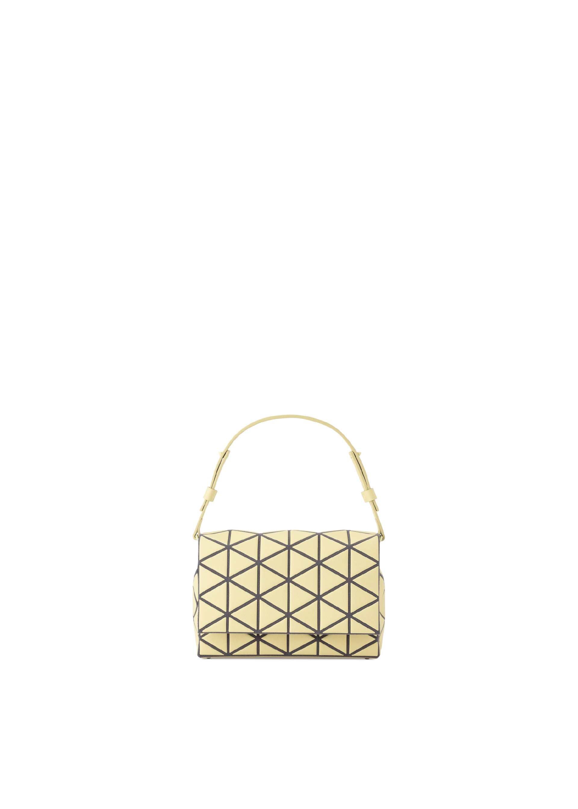 Zoomed view The BAO BAO ISSEY MIYAKE FOSSETTE is a small yellow handbag with a geometric triangular pattern, single strap, and versatile two-way design, shown centered on a white background. - MOON YELLOW （no.54）