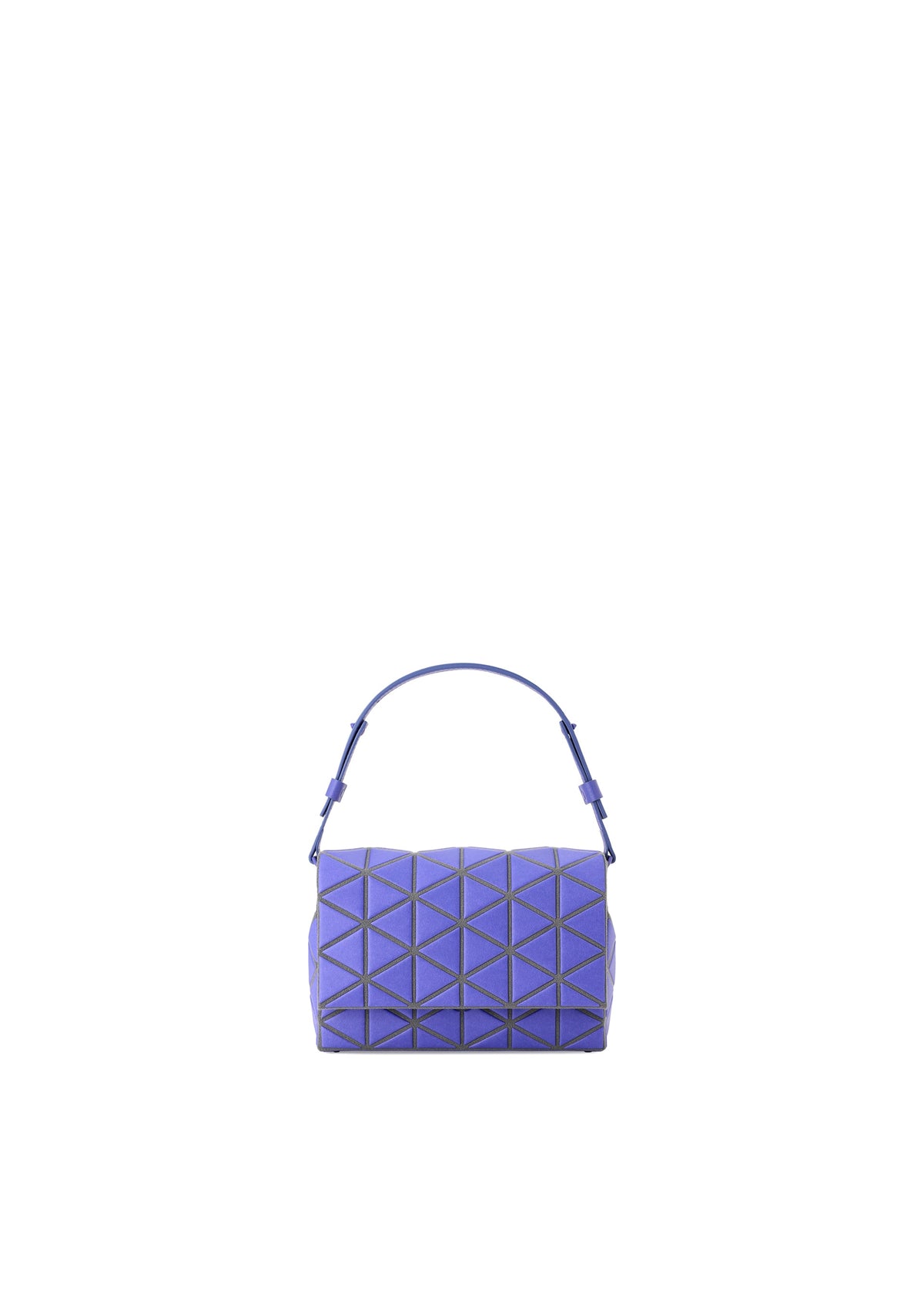The FOSSETTE by BAO BAO ISSEY MIYAKE is a small, structured purple handbag with a geometric triangular pattern, single short handle, and adjustable strap for two-way wear, shown on a white background. view 3 of 7