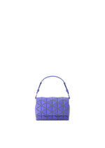 The FOSSETTE by BAO BAO ISSEY MIYAKE is a small, structured purple handbag with a geometric triangular pattern, single short handle, and adjustable strap for two-way wear, shown on a white background. - BLUE （no.72）