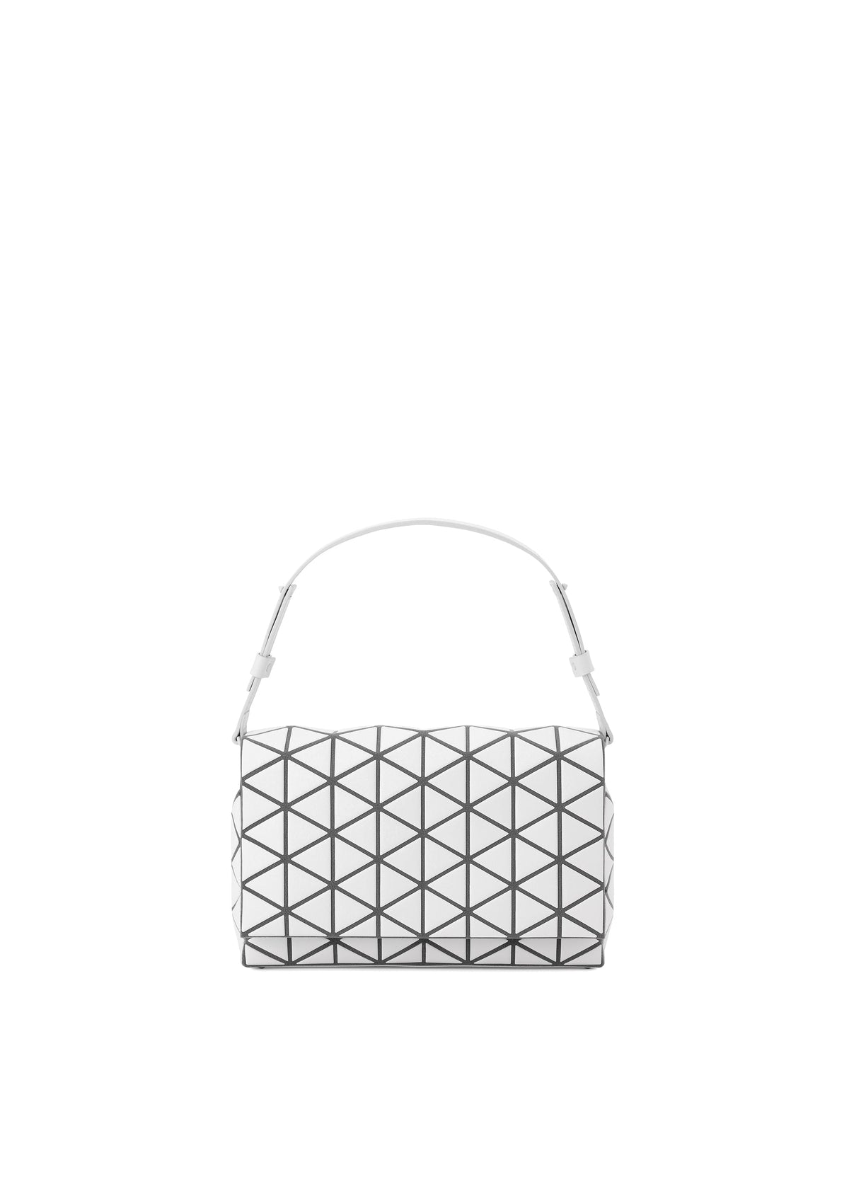 The FOSSETTE by BAO BAO ISSEY MIYAKE is a white geometric handbag with black triangle outlines, a structured rectangle shape, and a single white strap. Its two-way design allows use as a handbag or cross-body, shown against a plain white background. view 1 of 7