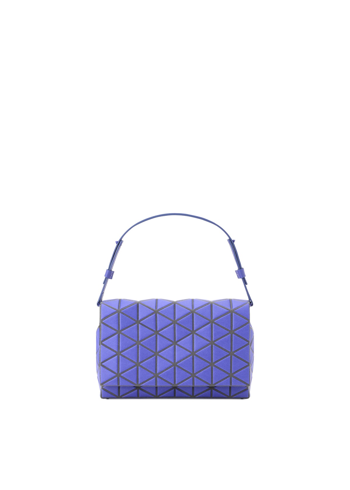 The BAO BAO ISSEY MIYAKE FOSSETTE is a purple geometric handbag with triangular patterns and a single handle. Featuring a modern two-way design, it can be carried by hand or worn cross-body, shown against a plain white background. view 3 of 7