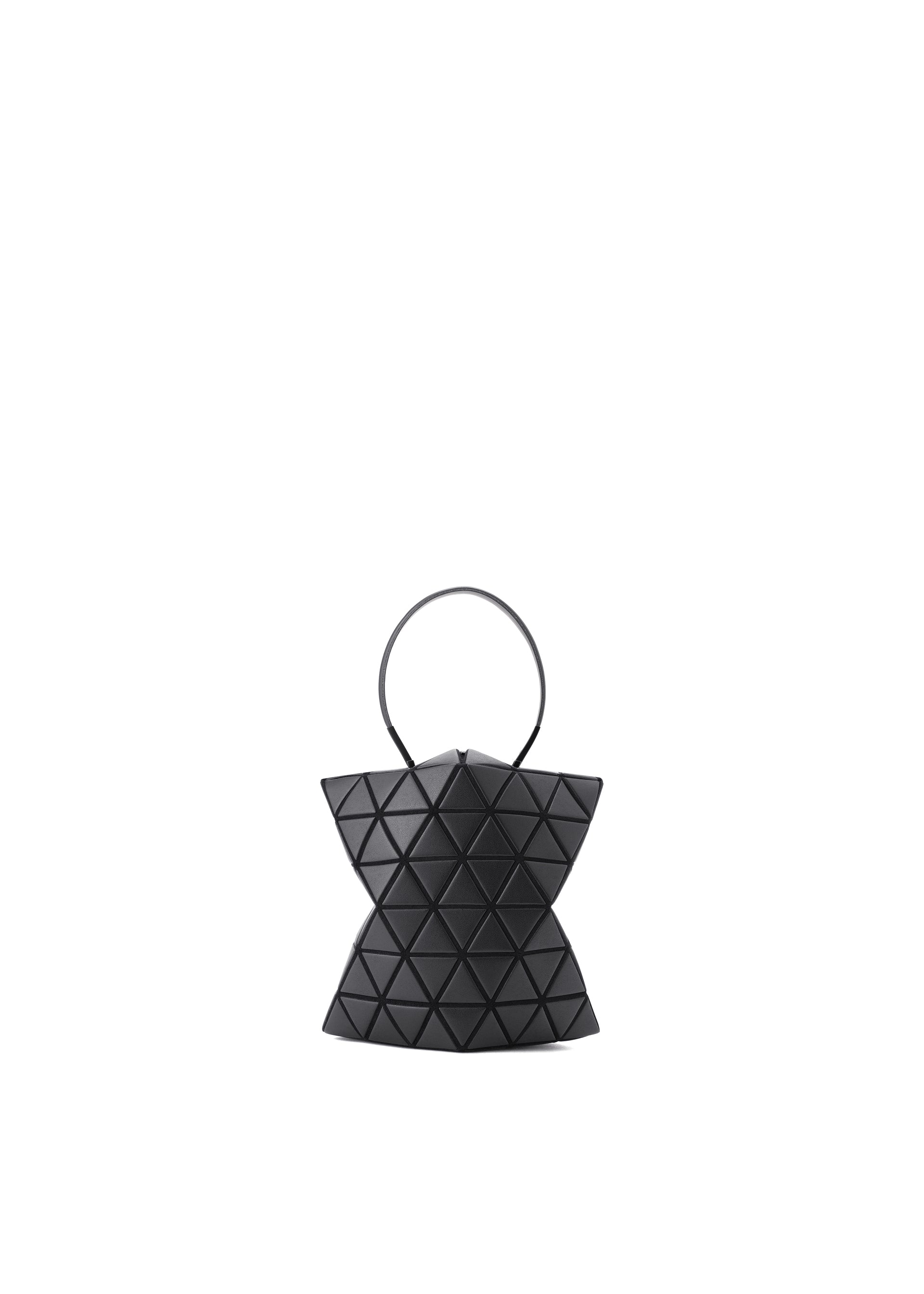 Zoomed view The TORSO by BAO BAO ISSEY MIYAKE is a small black equilateral triangle handbag with a geometric pattern, curved silhouette, and single round handle, shown against a plain white background. - MATTE BLACK (no.16)