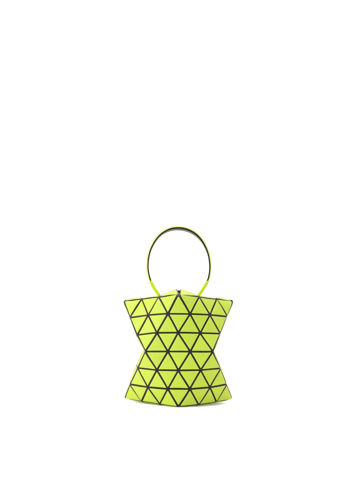 The TORSO handbag by BAO BAO ISSEY MIYAKE is a small, geometric yellow equilateral triangle bag with black outlines and a single round handle, shown on a plain white background. view 1 of 8