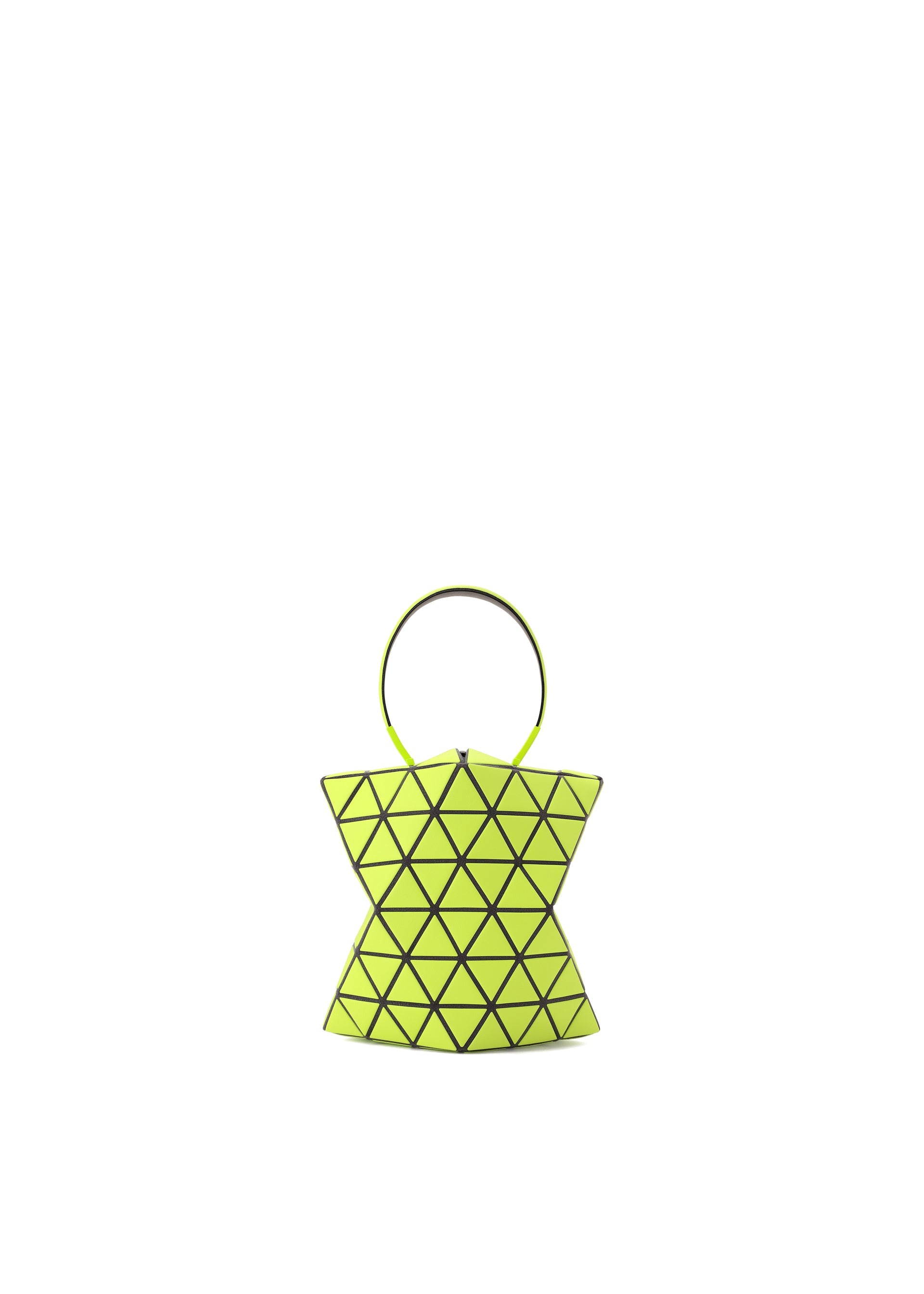 Zoomed view The TORSO handbag by BAO BAO ISSEY MIYAKE is a small, geometric yellow equilateral triangle bag with black outlines and a single round handle, shown on a plain white background. - NEON YELLOW (no.56)
