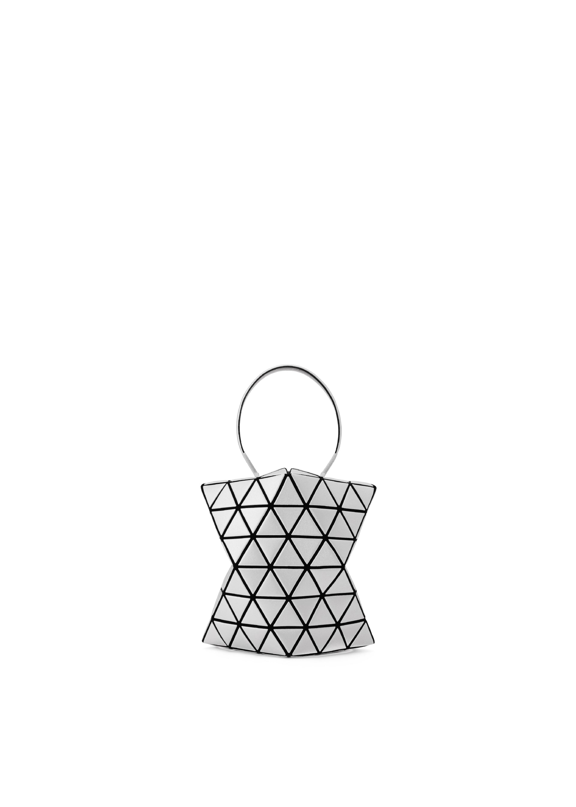 Zoomed view The BAO BAO ISSEY MIYAKE TORSO is a geometric silver equilateral triangle handbag with a black grid pattern, sculptural angular design, and round metal handle, displayed center on a white background. - SILVER (no.91)